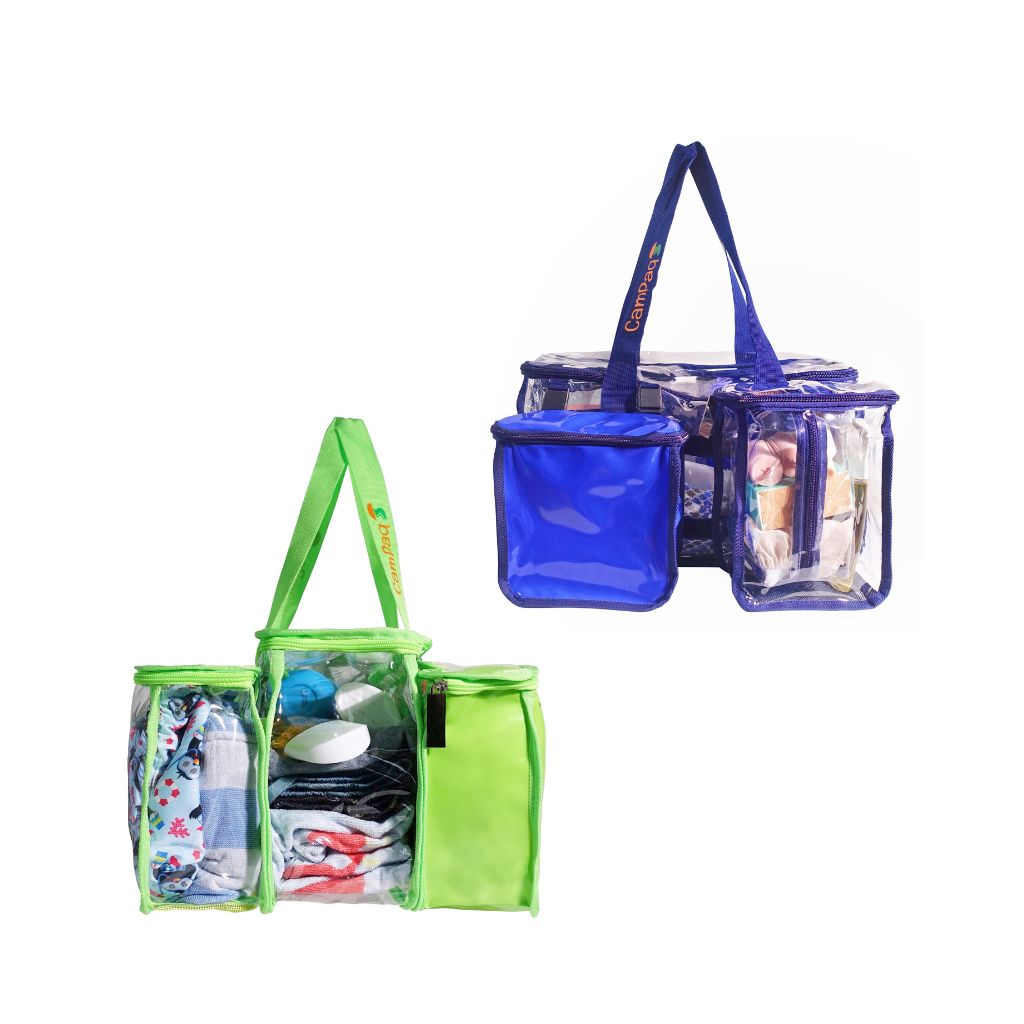 Navy blue and green toiletry bags filled with toiletries