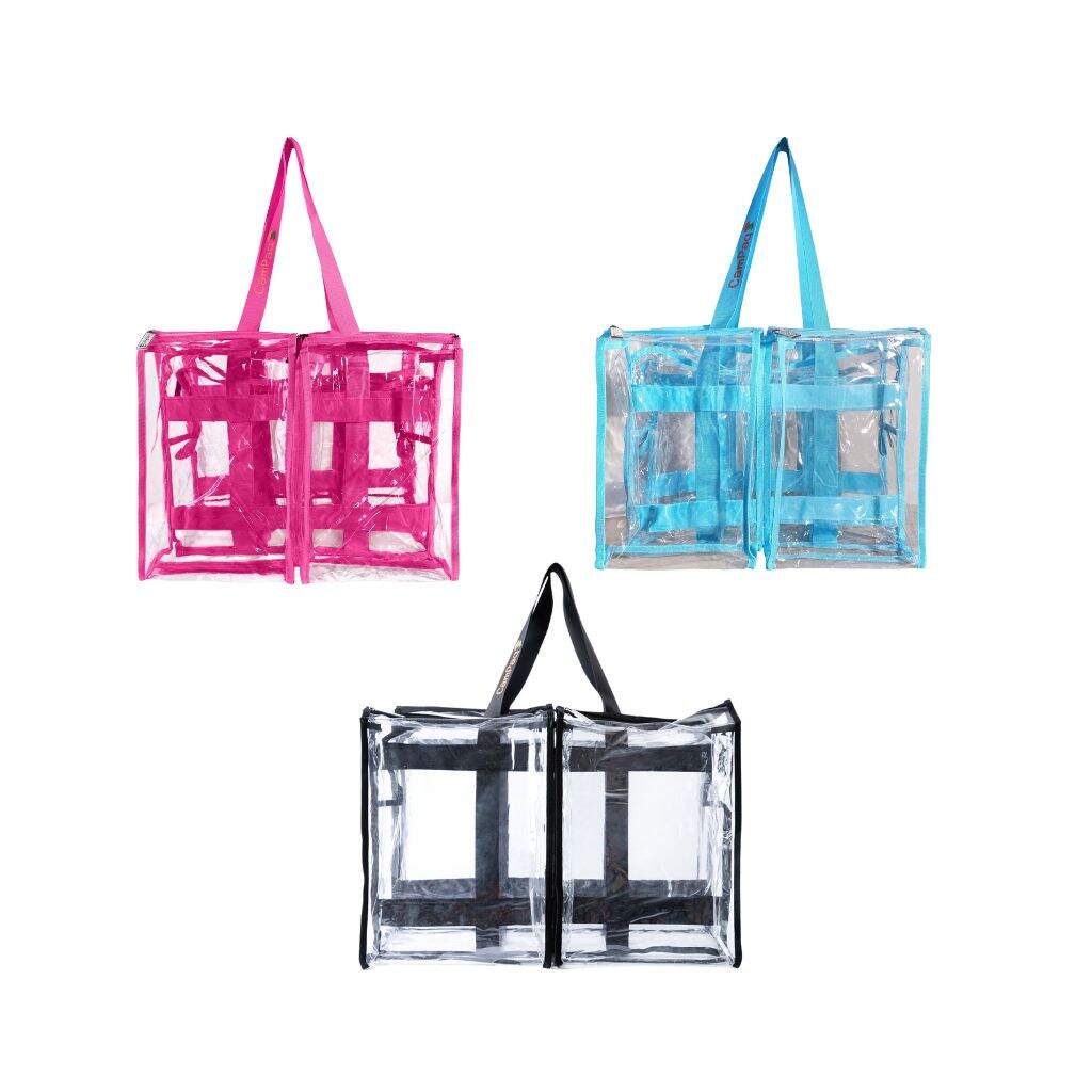 3 medium camping bags in blue hot pink and black